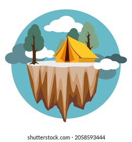 Vector illustration weekend in the tent. Sunny day landscape illustration in style Camping. Background for summer camp, nature tourism, camping or hiking design concept.