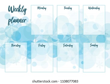 Vector illustration of Weekly planner with abstract winter background. For print notebooks, school schedule, organizer, diary. Cute page for notes. Daily planner templat for companies and private use.