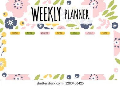 Vector illustration of Weekly planner with floral background. Cute page for notes. Notebooks,decals, diary, school accessories. Cute romantic planner page. Weekly Planner Template. Organizer.