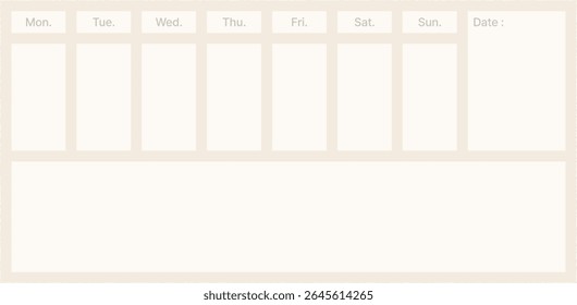 Vector illustration of a weekly planner page with separate boxes for each day of the week. Great for journaling, scheduling, printable planners, or digital stationery.