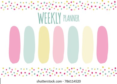 Vector illustration of Weekly planner with polka dot background. Format A4. Cute page for notes. Notebooks,decals, diary, school accessories. Cute romantic planner page. Weekly Planner Template.