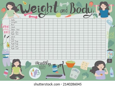 Vector illustration of weight and body measurement tracker in A4 format with doodle illustrations.Weight loss,healthy lifestyle concept for losing weight people
