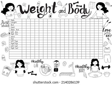 Vector illustration of weight and body measurement tracker in A4 format with doodle illustrations.Weight loss,healthy lifestyle concept for losing weight people
