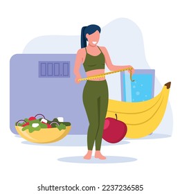 Vector illustration of weight loss. Cartoon scene with a girl who lost weight on fruits, salads and water on white background.