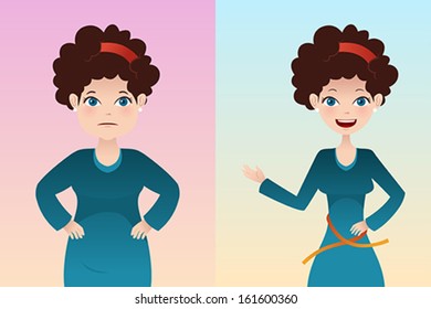 A vector  illustration of weight loss concept of a pretty girl before and after diet 