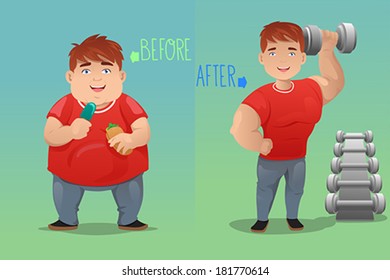 A vector  illustration of weight loss concept of a man before and after diet