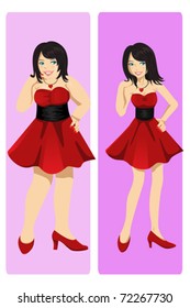A vector illustration of a weight loss concept showing a girl transformation from fat to skinny