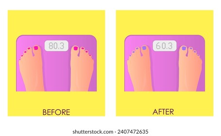 Vector illustration of weight loss. The girl stepped on floor scales before and after losing weight. Advertising of fitness, weight correction program