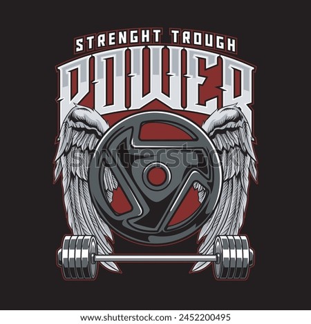 Vector Illustration of Weight Plates with Wings and Barbell with Vintage Illustration Available for Tshirt Design