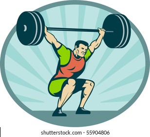 vector illustration of a Weightlifter lifting heavy weights with sunburst in background.