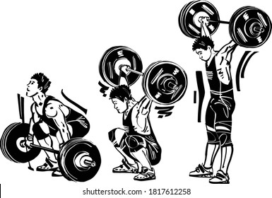 the vector illustration of the weightlifter with snatching barbell 