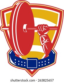 vector illustration of weightlifting weightlifter hand lifting weights set inside shield with belt around on isolated white background done in retro style.