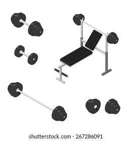 A vector illustration of a weights bench with a set of dumbbells and barbell.
Isometric Weight Training.
Weights bench for body building and strength training.