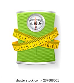 Vector Illustration Weights and tape measure. The concept of weight loss and health care  