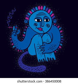 Vector illustration of weird monster sitting and smoking cigarette. Cute blue fictitious mutant, freak character can be used in graphic design.