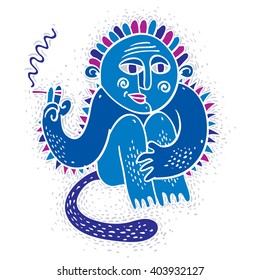 Vector illustration of weird monster sitting and smoking cigarette. Cute blue fictitious mutant, freak character can be used in graphic design.