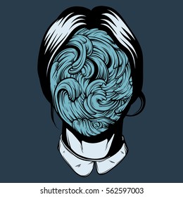 Vector illustration of weird young girl with sea waves instead face made in hand drawn style. Graphic Noir artwork. Character design. Template for card poster banner print for t-shirt.