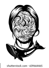 Vector illustration of weird young girl with sea waves instead face made in hand drawn style. Graphic Noir artwork with whale. Character design. Template for card poster banner print for t-shirt.