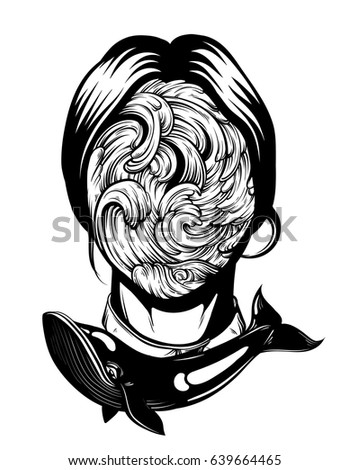 Vector illustration of weird young girl with sea waves instead face made in hand drawn style. Graphic Noir artwork with whale. Character design. Template for card poster banner print for t-shirt.
