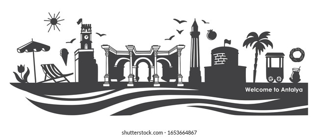 Vector illustration Welcome to Antalya. Horizontal banner with famous Turkish landmarks. Skyline image with symbols of Turkey. Black silhouette of the city attractions for travel design.