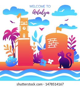 Vector illustration Welcome to Antalya, Turkey. Colorful card with turkish symbols in flat style in bright gradient colors. Modern travel design for poster, flier, print template for tourism.