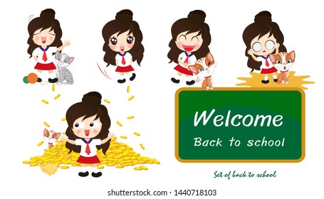 Vector illustration - Welcome back to school. funny girl with cats