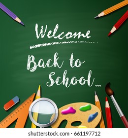 Vector illustration of Welcome back to school background with school equipment
