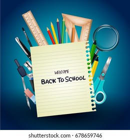 Vector illustration of Welcome back to school with school supplies and notebook paper