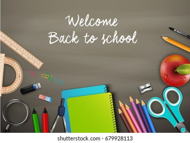 Vector illustration of Welcome back to school with school supplies