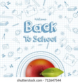 Vector illustration of Welcome back to school background with red apple