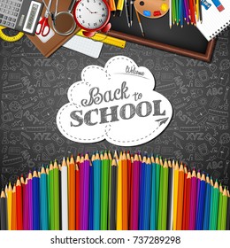 Vector illustration of Welcome back to school with colored pencils and 
school supplies