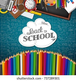 Vector illustration of Welcome back to school with colored pencils and 
school supplies