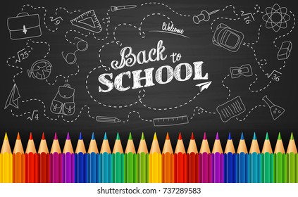 Vector illustration of Welcome back to school background with doodle elements on chalkboard and colorful pencils