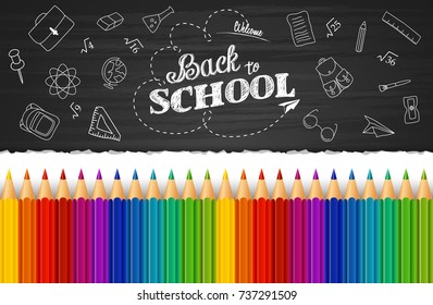 Vector illustration of Welcome back to school background with hand drawn doodle elements and colorful pencils