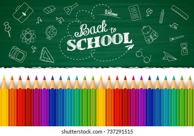 Vector illustration of Welcome back to school background with hand drawn doodle elements and colorful pencils