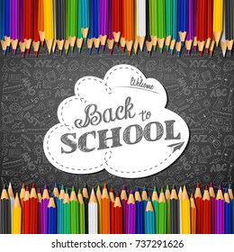 Vector illustration of Welcome back to school with colored pencils on chalkboard