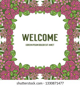 Vector illustration welcome card with ornate pink flower frame blooms hand drawn