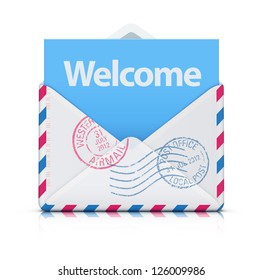 Vector illustration of Welcome concept with open blank airmail envelope