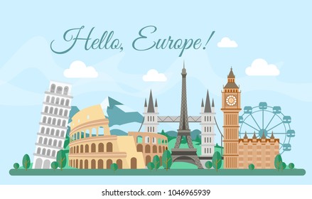 Vector illustration Welcome Europe greeting card, poster with famous buildings, travel concept. Eiffel Tower, Big Ben, Coliseum. Cityscape in flat style.