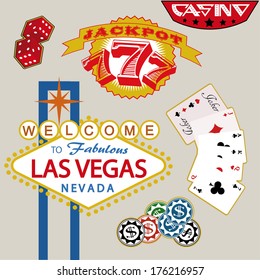 Vector illustration of Welcome to Fabulous Las Vegas sign and gambling elements including cards, dices, chips, and slot machine.