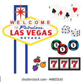 Vector illustration of Welcome to Fabulous Las Vegas sign and gambling elements including cards, dices, chips, and slot machine.