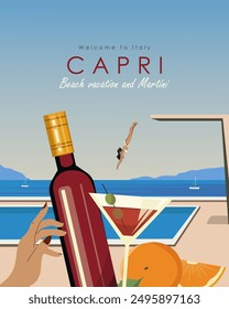 Vector illustration. Welcome to Greece, Capri. Tourist poster, banner, postcard. Martini, cocktail on the beach. Modern design.