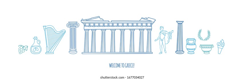 Vector illustration Welcome to Greece. Famous Greek symbols and landmarks. Travel to Athens and Greece. Doodle Parthenon, antique columns, statues, and vases. Panoramic city view in blue colors.