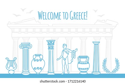 Vector illustration Welcome to Greece. Famous Greek symbols in line doodle style. Ancient columns, monument, and vases. Travel to Greece web banner and landing page design.