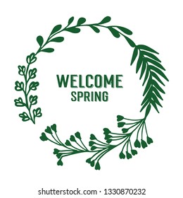 Vector illustration welcome greeting card with the shape of a circular green leaf frame hand drawn