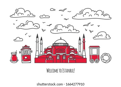 Vector illustration Welcome to Istanbul. Modern card design Travel to Turkey. Famous Turkish landmarks in a row with clouds. Tourist card, poster, print design. 