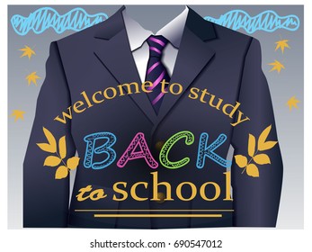 Vector illustration welcome to learn with schoolboy costume and autumn leaves