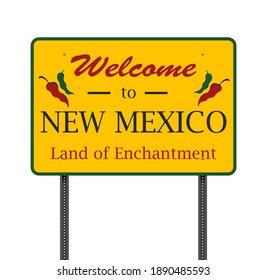 Vector illustration of the Welcome to New Mexico yellow road sign on metallic posts