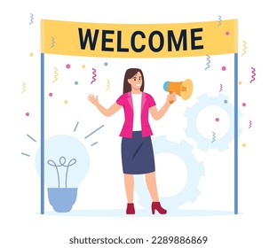 Vector illustration with a welcome poster. Cartoon scene with smiling girl with megaphone and welcome poster, confetti, inviting people isolated on white background. Welcome to the new team member.