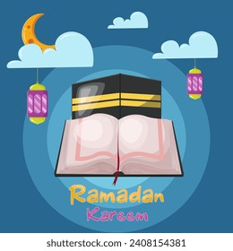 Ilustración del vector bienvenida ramadan kareem sagrado quran y kabah